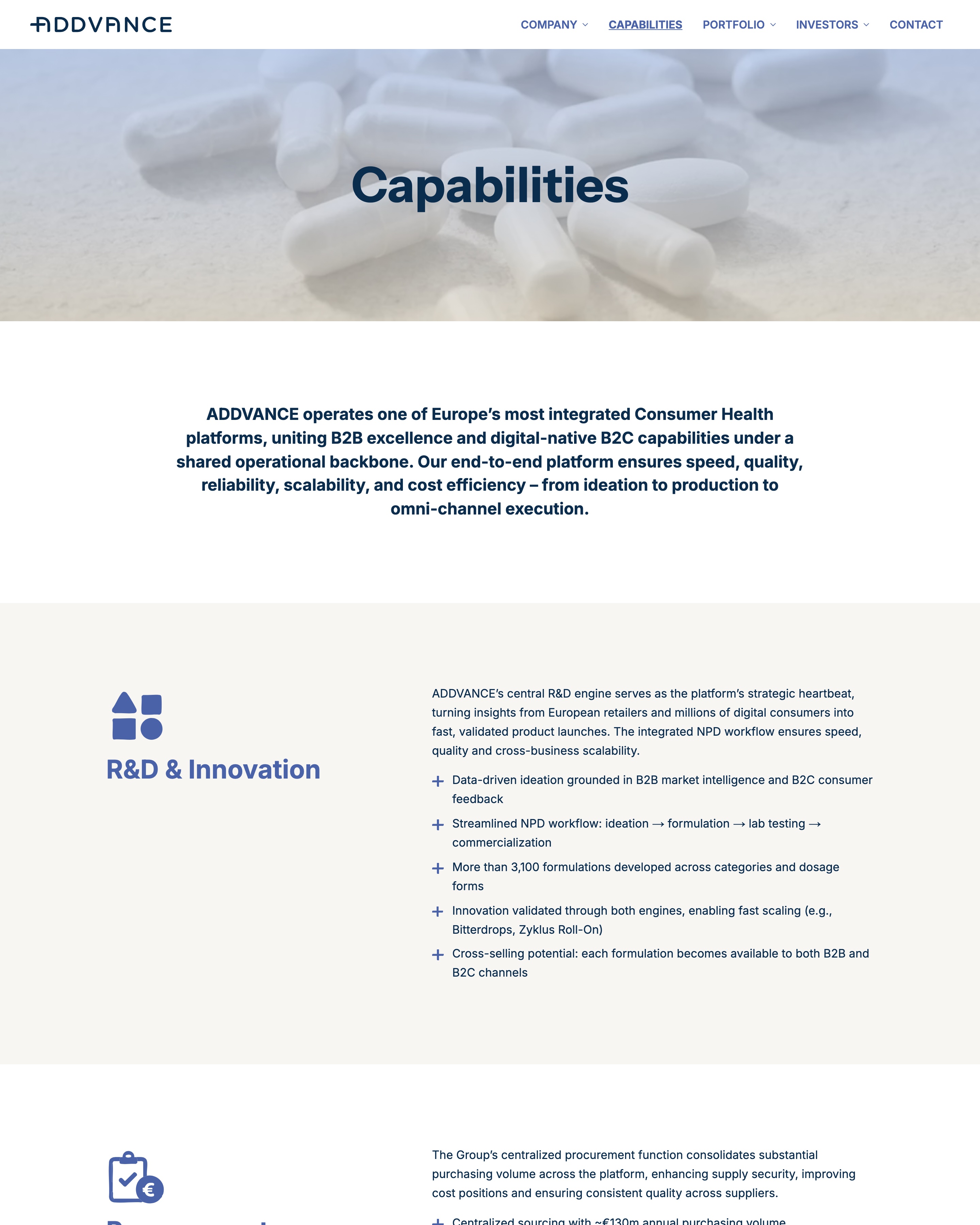 Seite Capabilities: Bühne mit Kapseln, Einleitung und R&D & Innovation