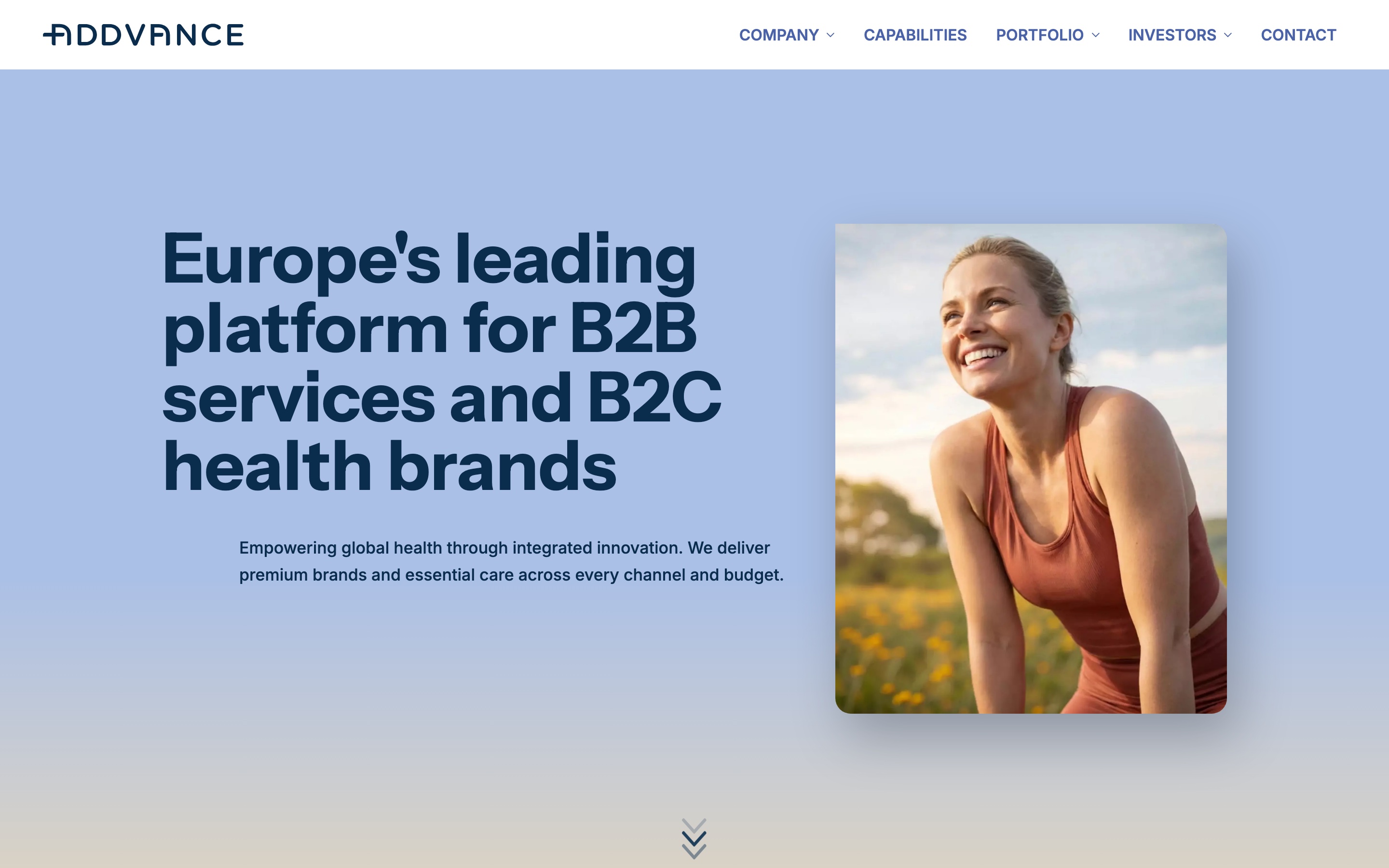 Startseite von addvance-consumer-health.com: Europe’s leading platform for B2B services and B2C health brands