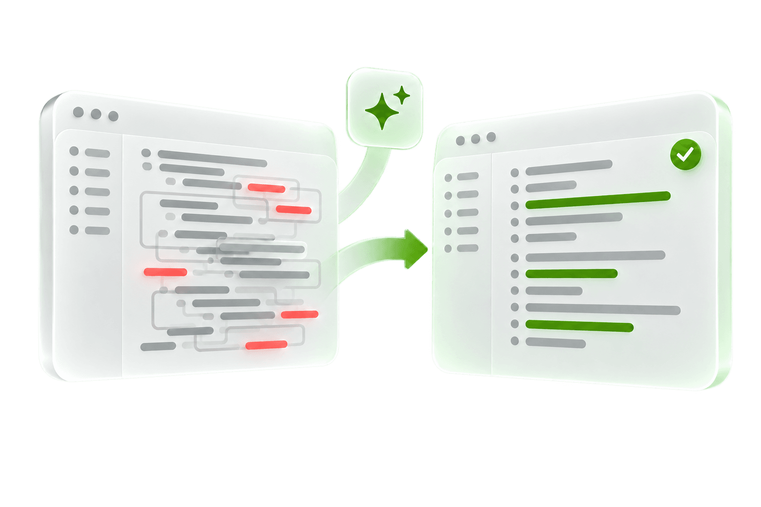 Links unübersichtlicher Code mit roten Fehlermarken, rechts derselbe Code aufgeräumt mit grünen Markierungen und Häkchen