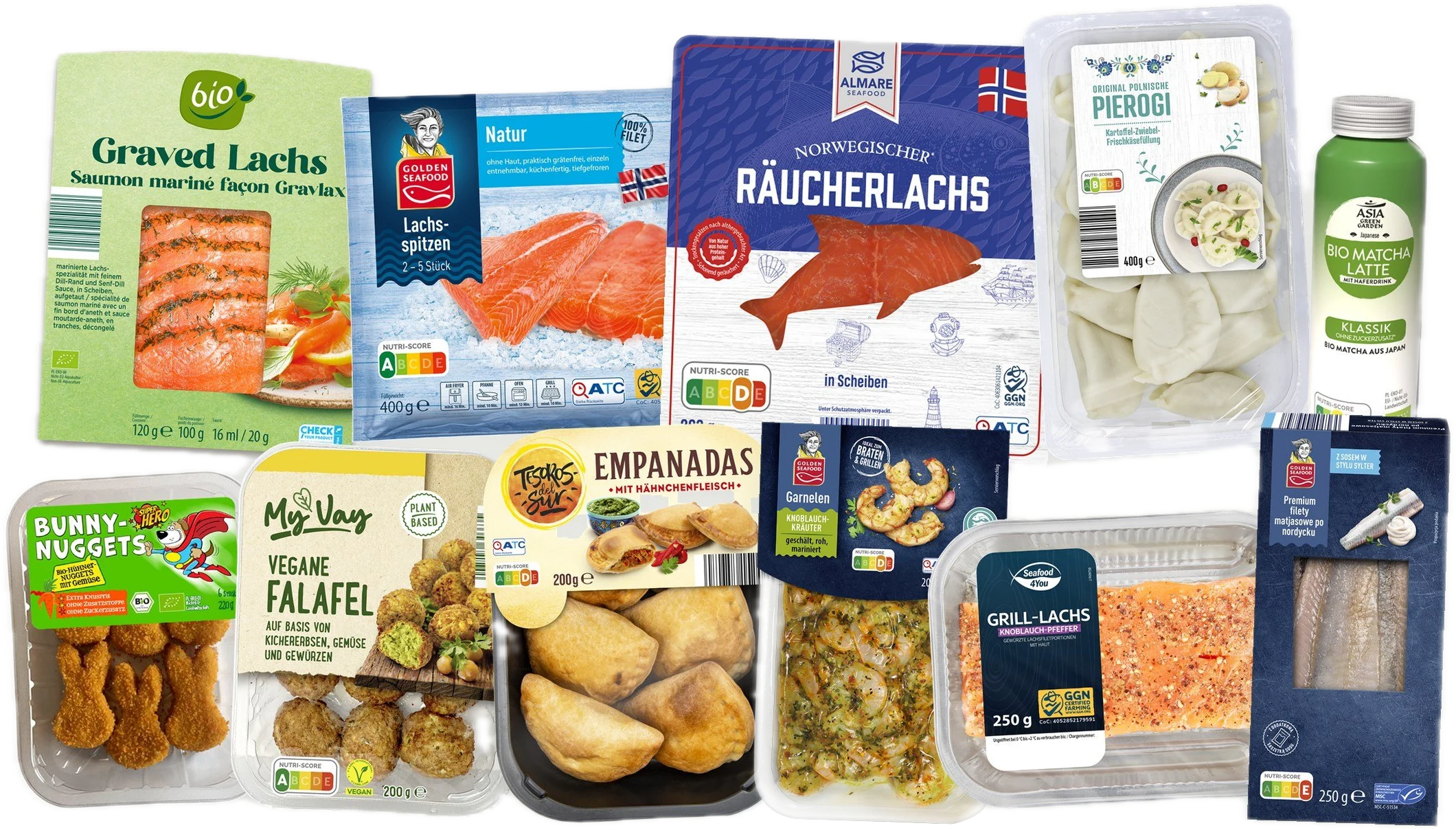 Collage aus Verpackungen für Handelsmarken, u. a. Bio Graved Lachs, Golden Seafood, Almare Räucherlachs, Pierogi, Bio Matcha Latte, My Vay Falafel, Empanadas und Garnelen