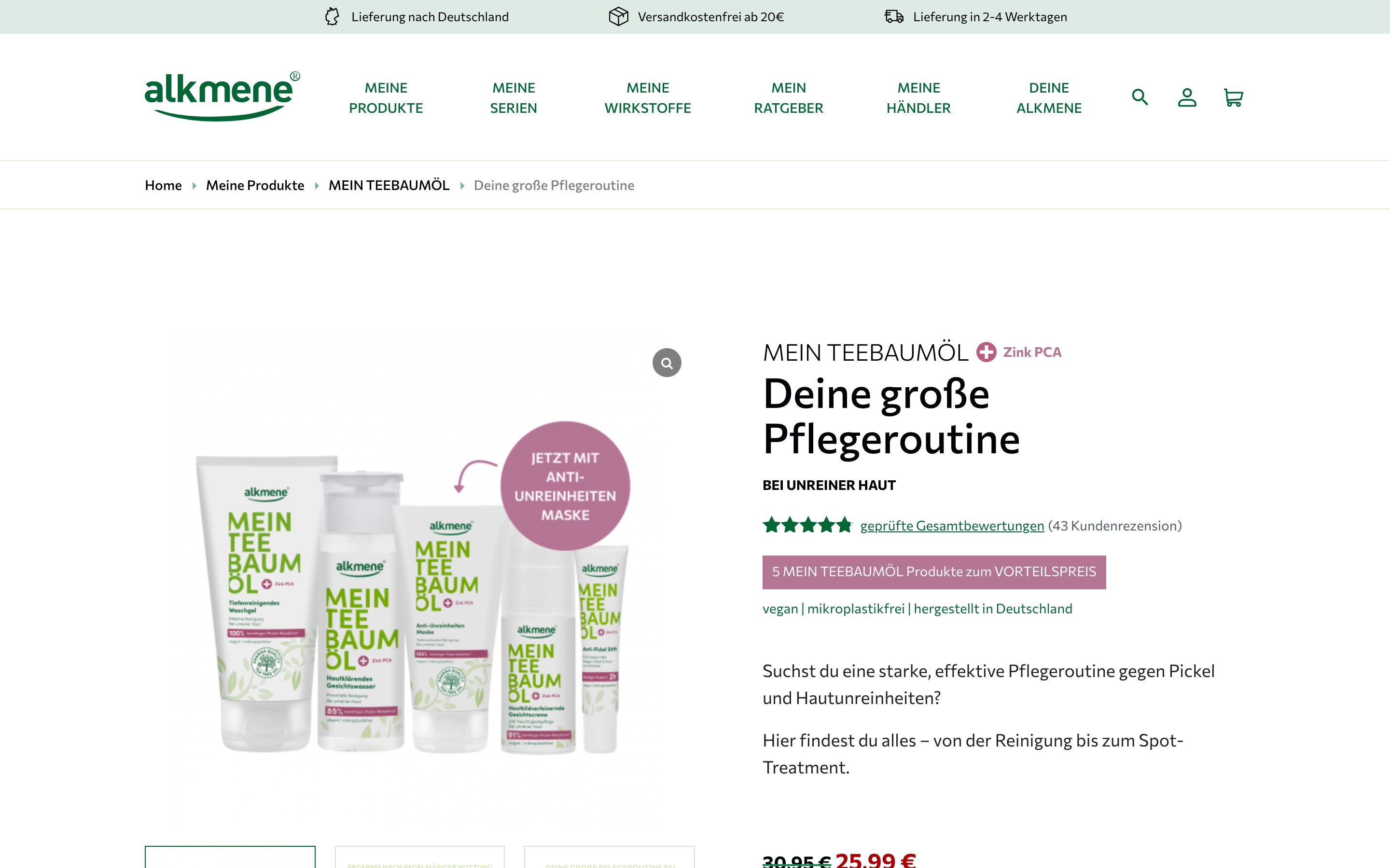 Produktseite auf alkmene.de: Pflegeroutine-Set mit Bewertungen, Preis und Grundpreis