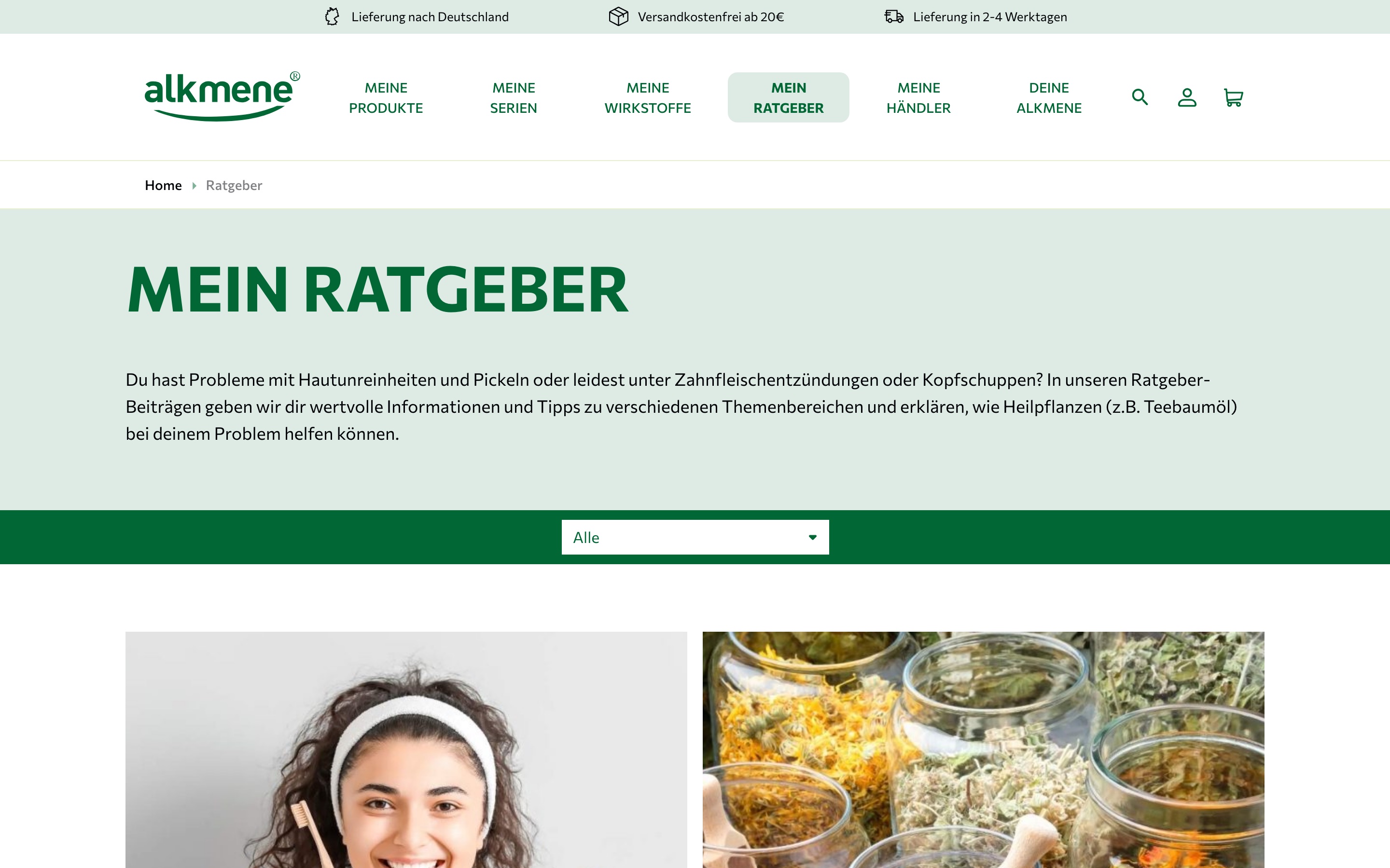 Ratgeber auf alkmene.de mit Themenfilter