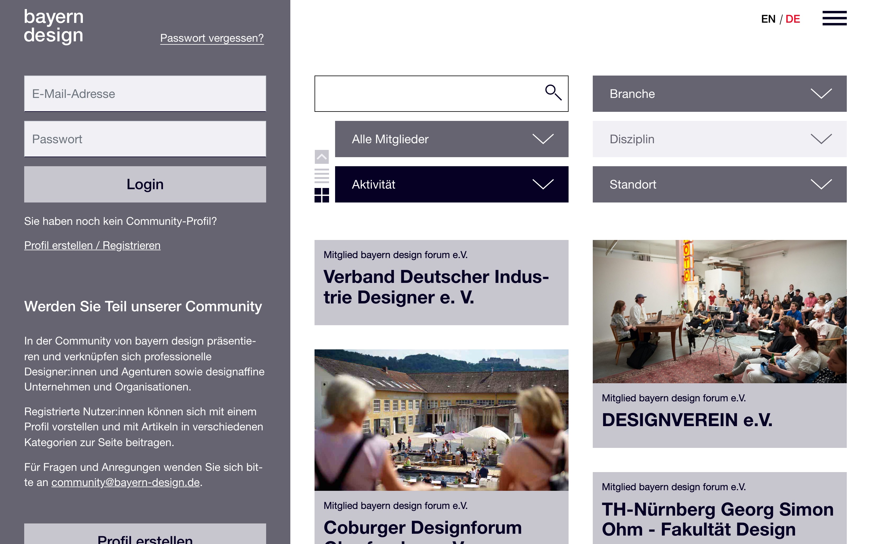 Community auf bayern-design.de: Login, Mitgliederverzeichnis und Filter nach Branche, Disziplin und Standort