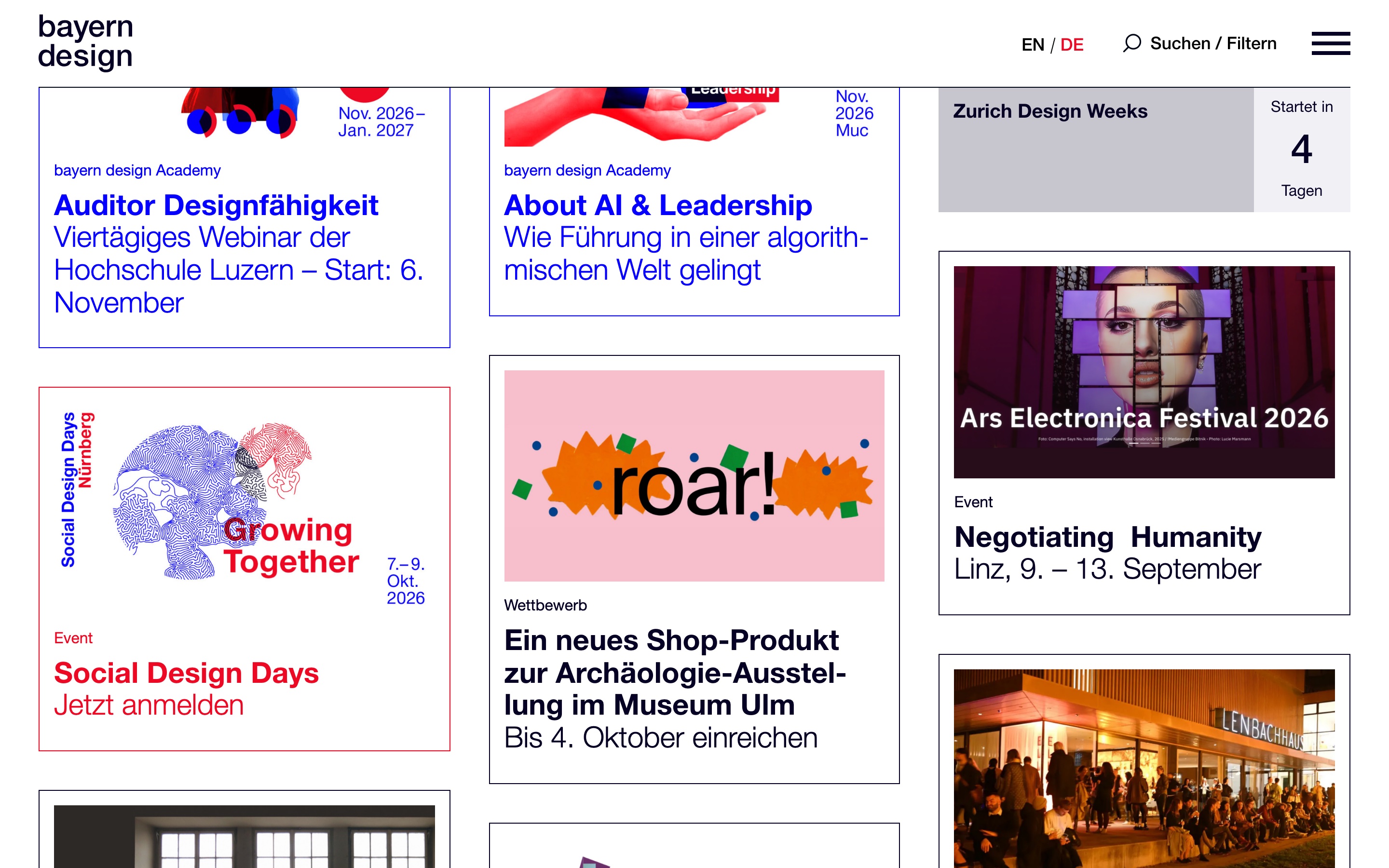 Feed auf bayern-design.de: Academy, Events und Wettbewerbe als Karten, rechts Termine mit Countdown