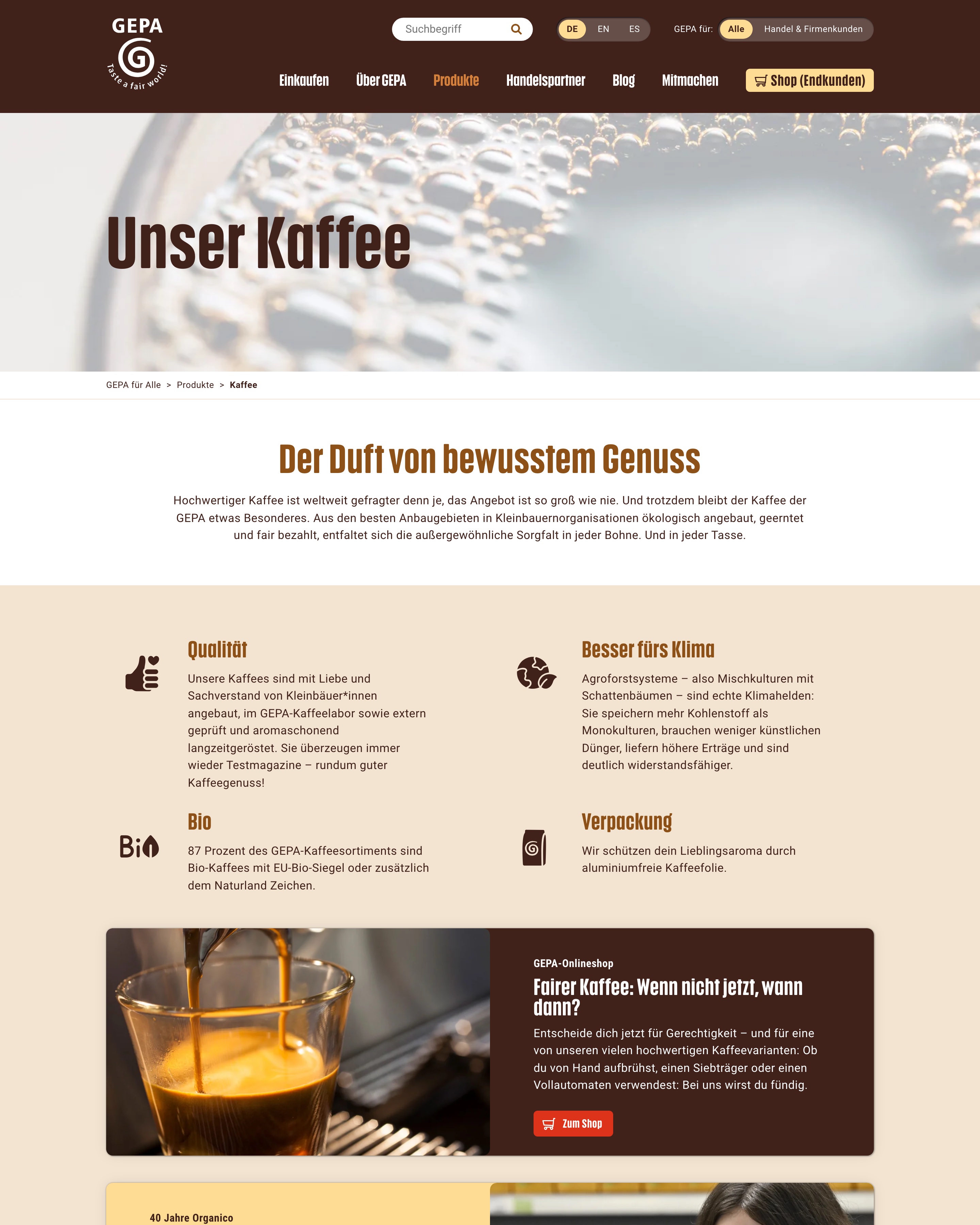 Produktseite Kaffee auf gepa.de