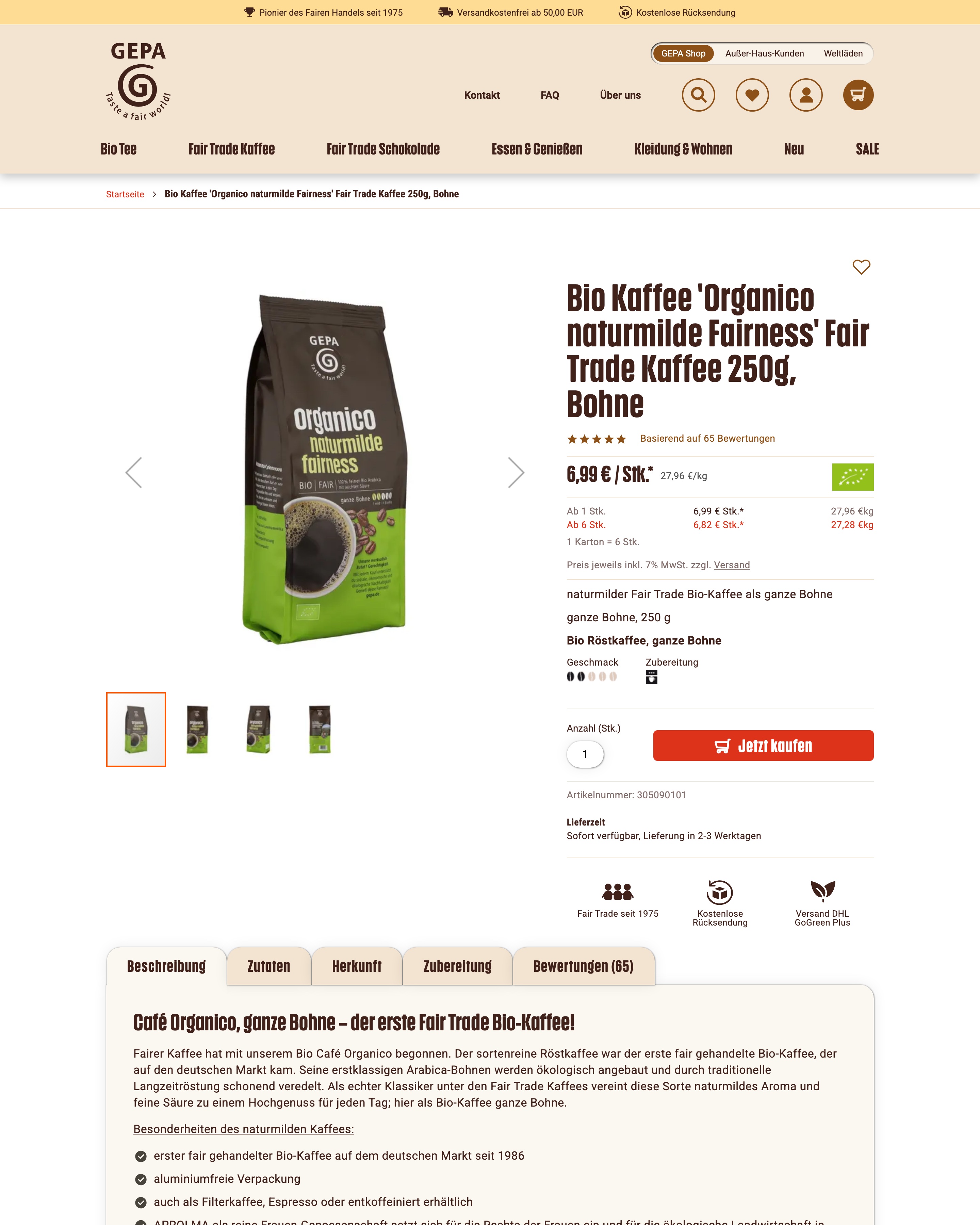 Produktseite im GEPA Shop: Bio-Kaffee Organico mit Staffelpreisen, Bewertungen und Kaufen-Button