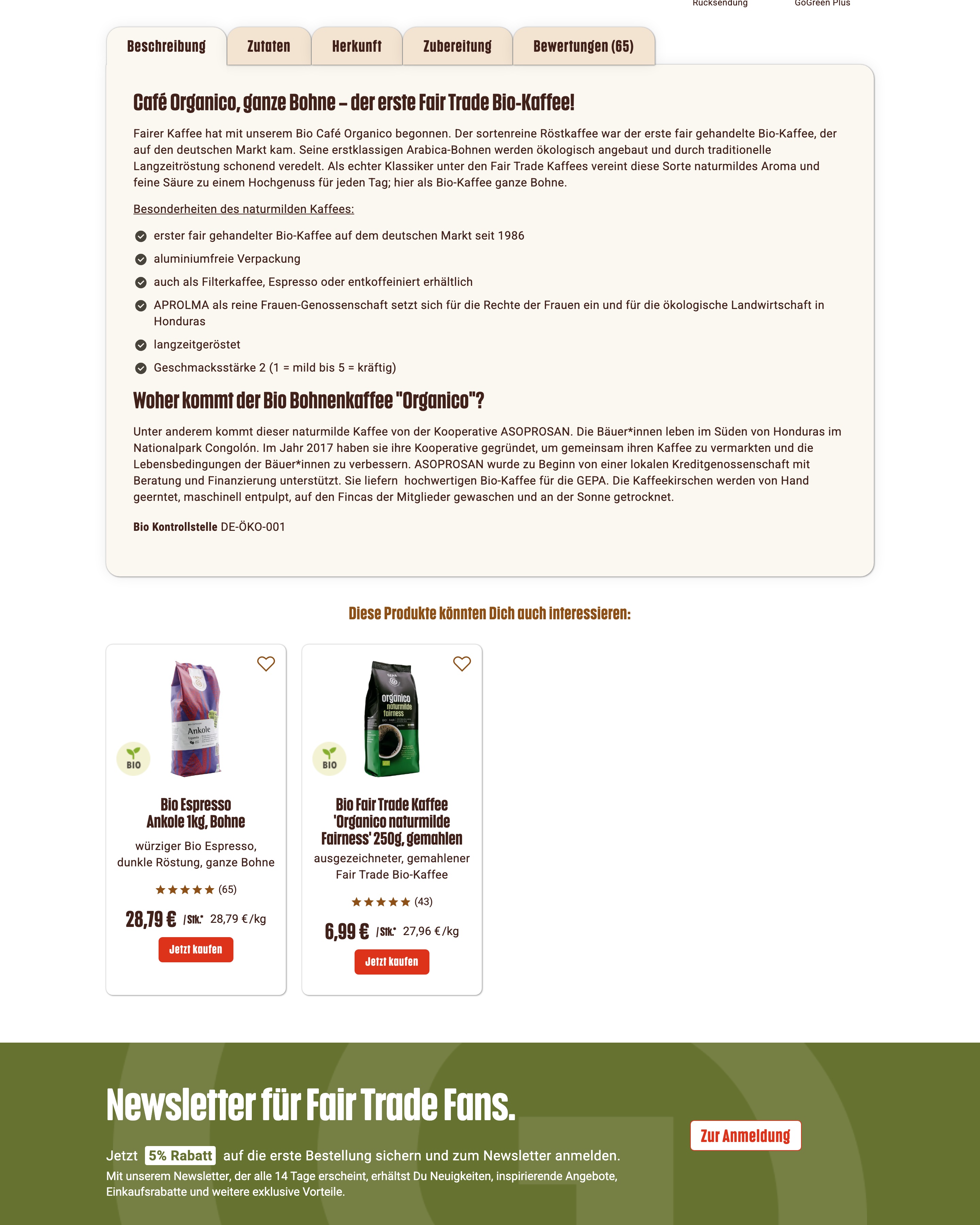 Produktseite im GEPA Shop, unterer Bereich: Beschreibung, Herkunft, Empfehlungen, Newsletter