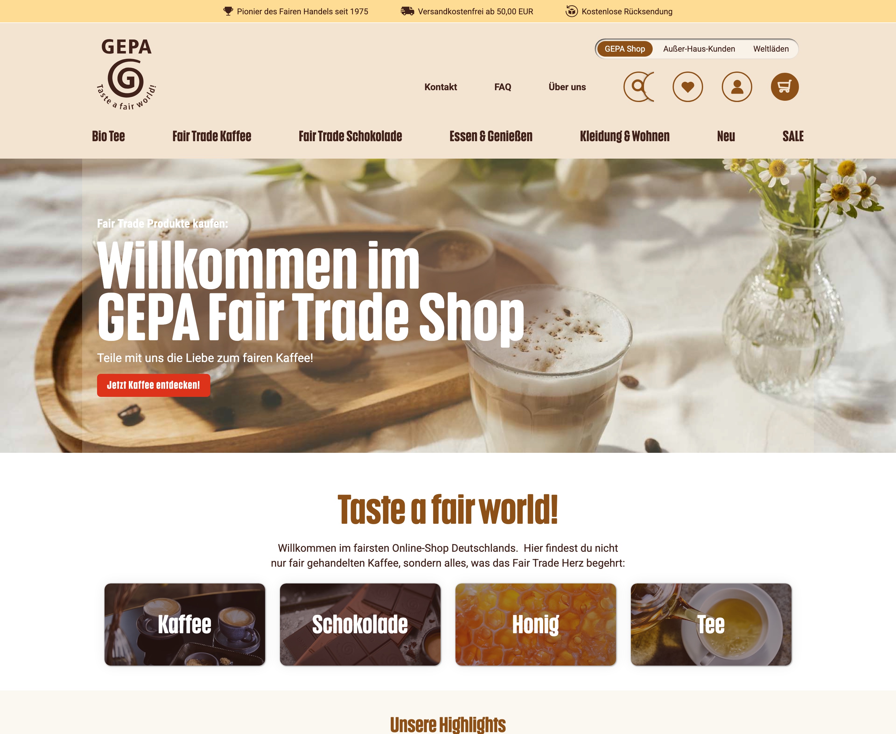 Startseite von gepa-shop.de: helle Navigation, Bühne, Kategorien Kaffee, Schokolade, Honig, Tee