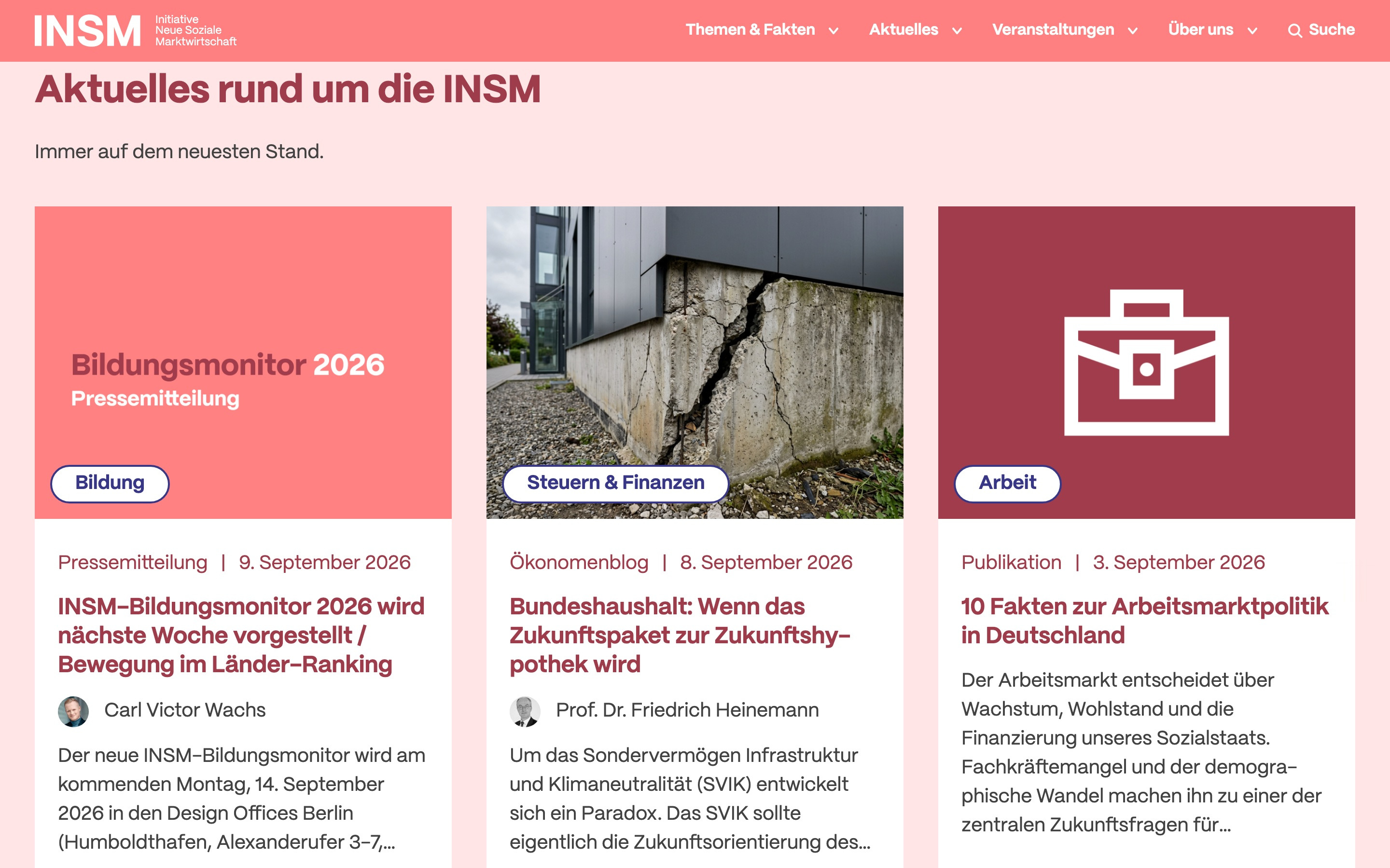Aktuelle Beiträge auf insm.de: Pressemitteilungen, Ökonomenblog und Publikationen als Karten