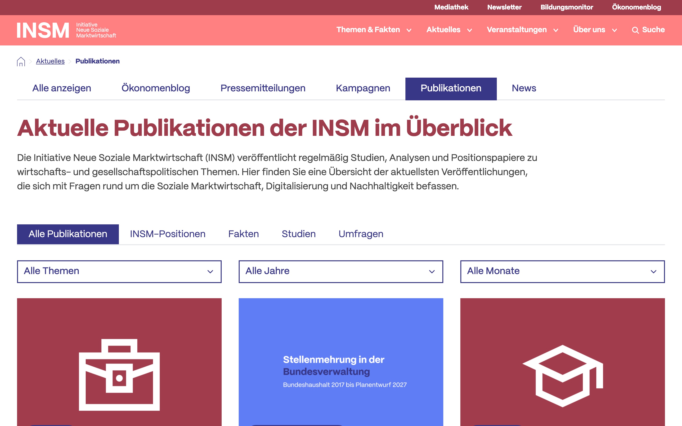 Publikationsübersicht auf insm.de mit Filtern nach Typ, Thema, Jahr und Monat