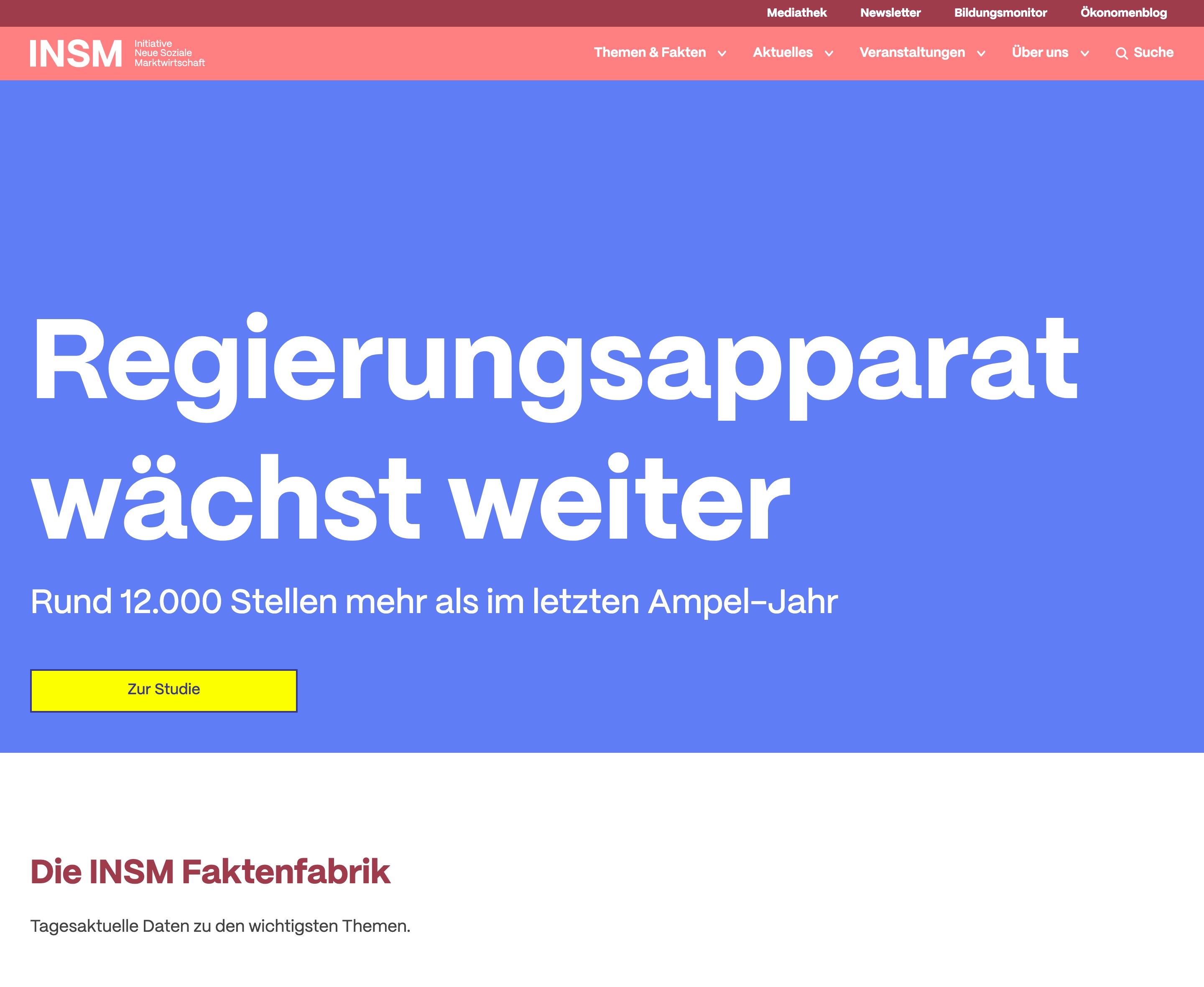 Startseite von insm.de: Kampagnenmotiv in voller Höhe, darunter der Beginn der Faktenfabrik