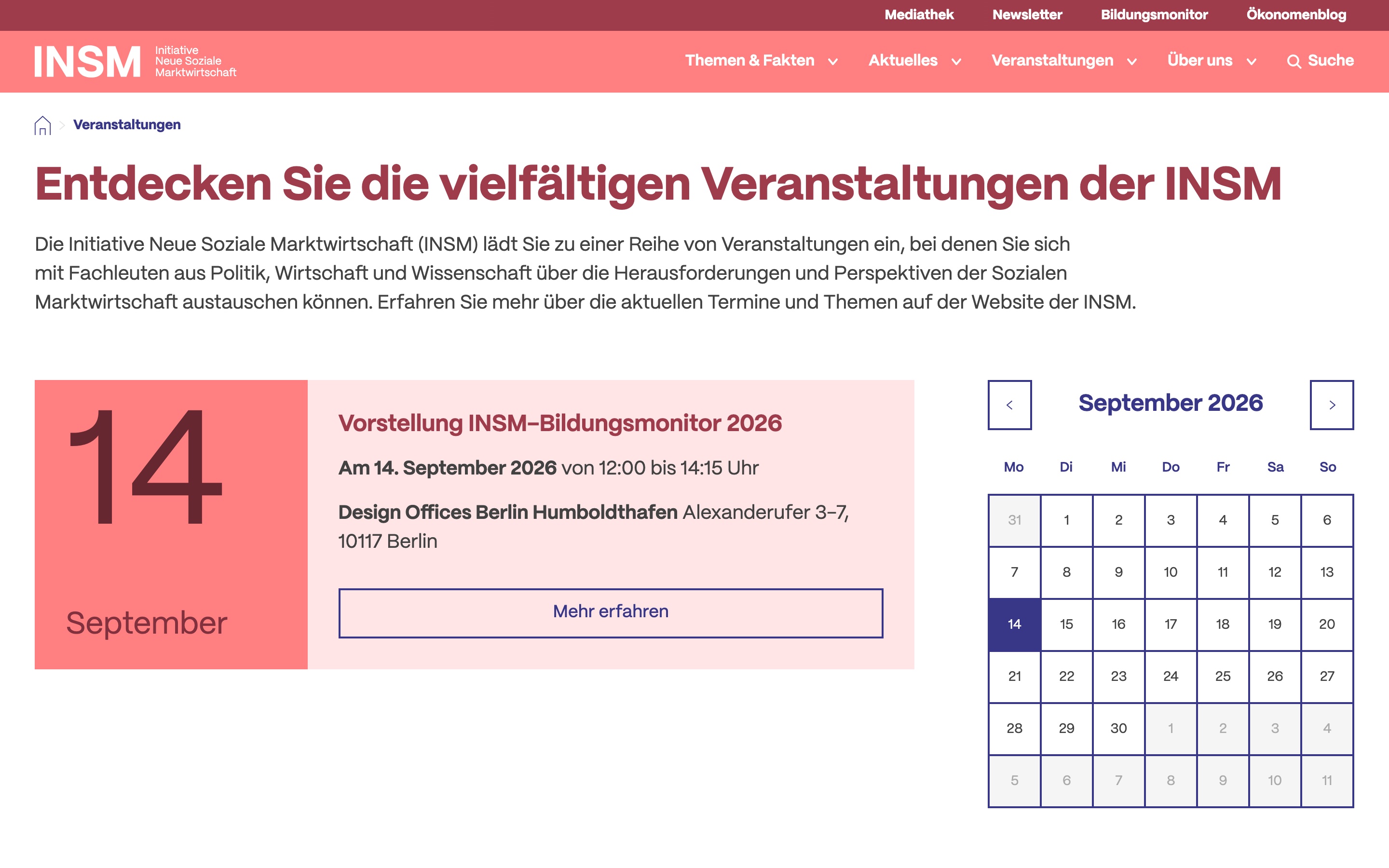 Veranstaltungsseite auf insm.de mit Terminkarte und Monatskalender