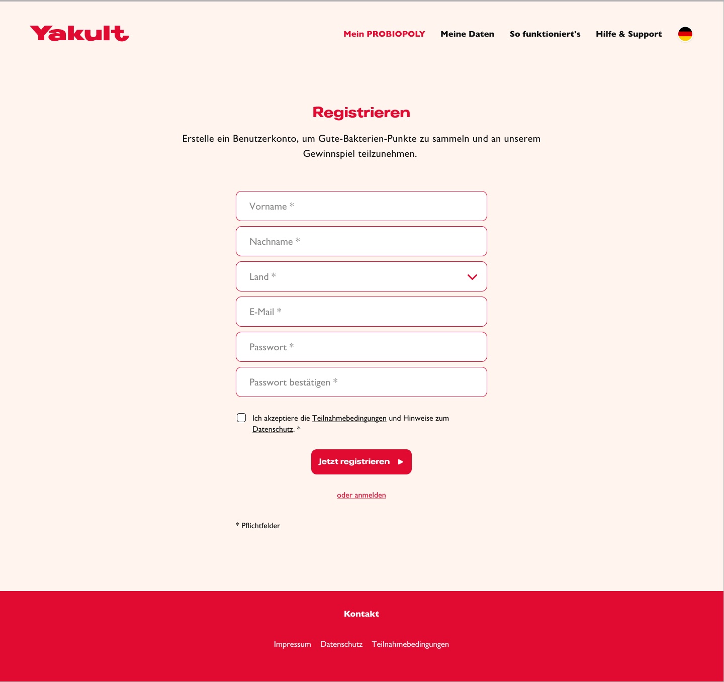 Registrierung mit Vorname, Nachname, Land, E-Mail und Passwort
