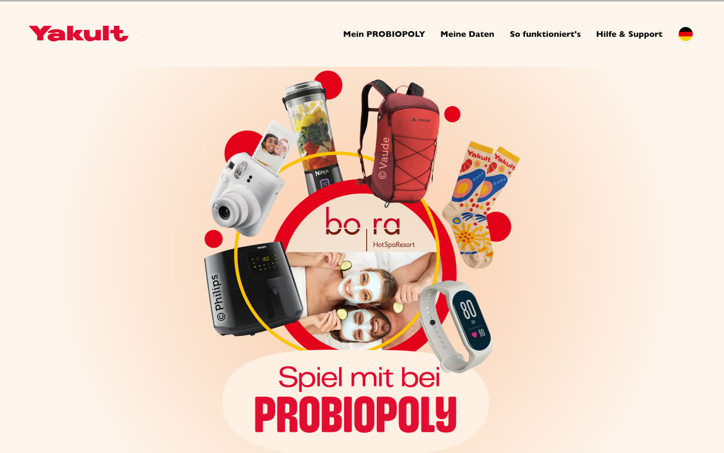 Aktionsseite Yakult Probiopoly: Spiel mit bei Probiopoly, Prämien im roten Kreis